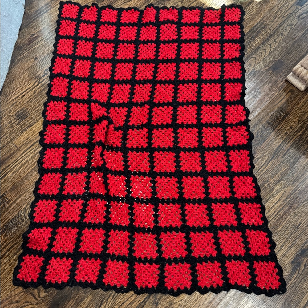Vintage handmade Red and Black Crochet Blanket